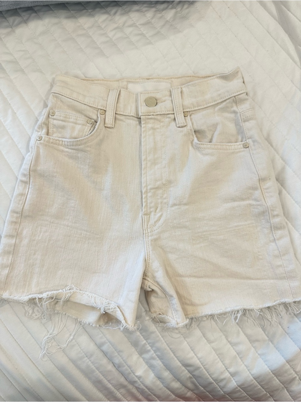 MOTHER Off-White High-Rise Raw-Hem Denim Shorts
